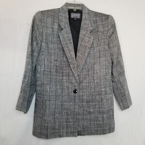 VTG Stirling Cooper Petite Linen Blend Blazer Gray Plaid Single Breasted Sz 10P